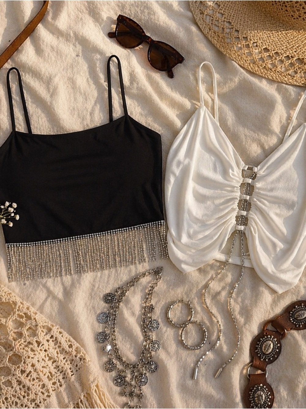 XL Festival Crop Top Bundle Fringe & Lace Up Coachella Y2K Diamonds